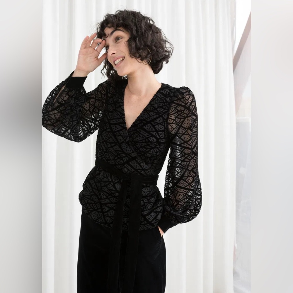 & Other Stories Black Velvet Mesh Wrap Top